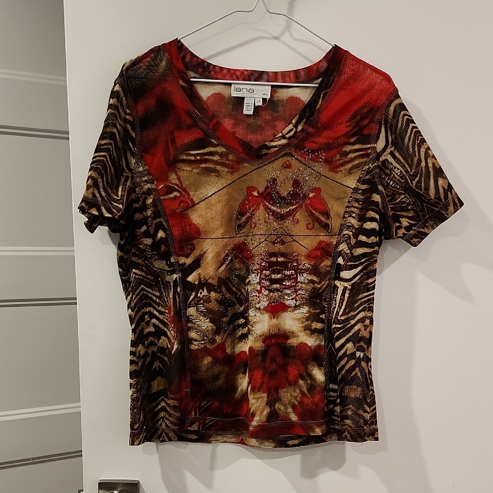 P2P 21" NWOT Women's Red and Brown Patterned Top